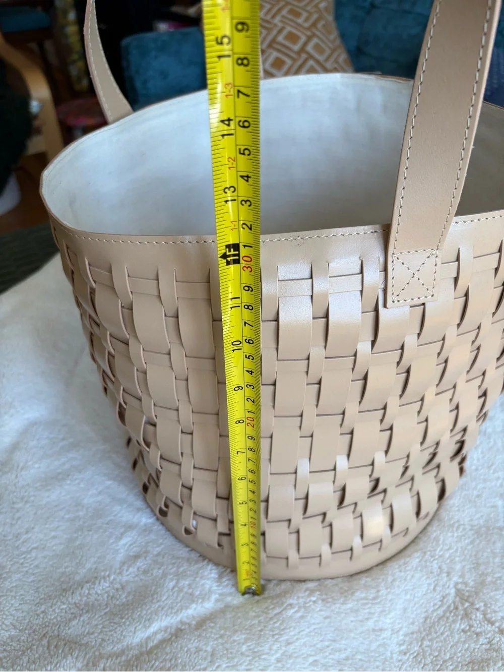 West Elm Leather Woven Basket with Handles - Light Beige, Tab